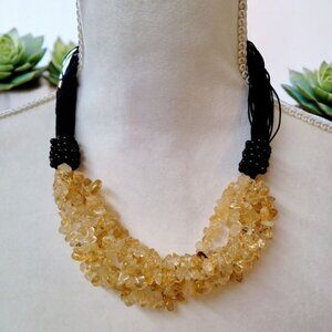 Citrine Chip Multi-Strand Necklace Black Cords Button Closure Semiprecious VGC